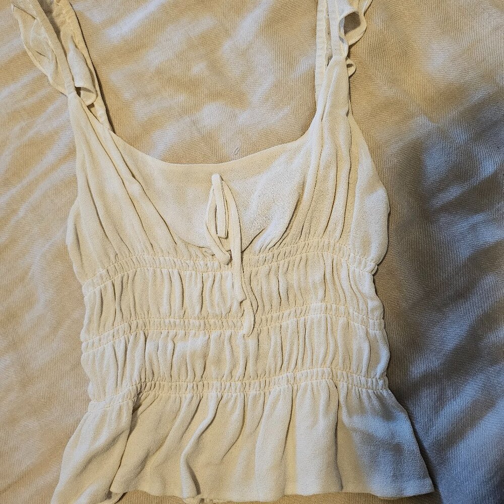 Reformation Cream Peplum Smocked Bodice Top with ruffled tank sleeve, Small